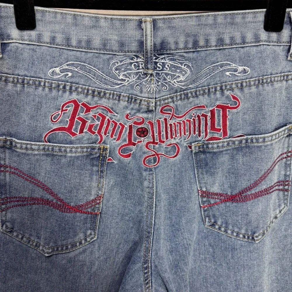 Romwe Womens XL Wide Leg Jeans Medium Wash Red Gothic Back Embroidery Y2K Style